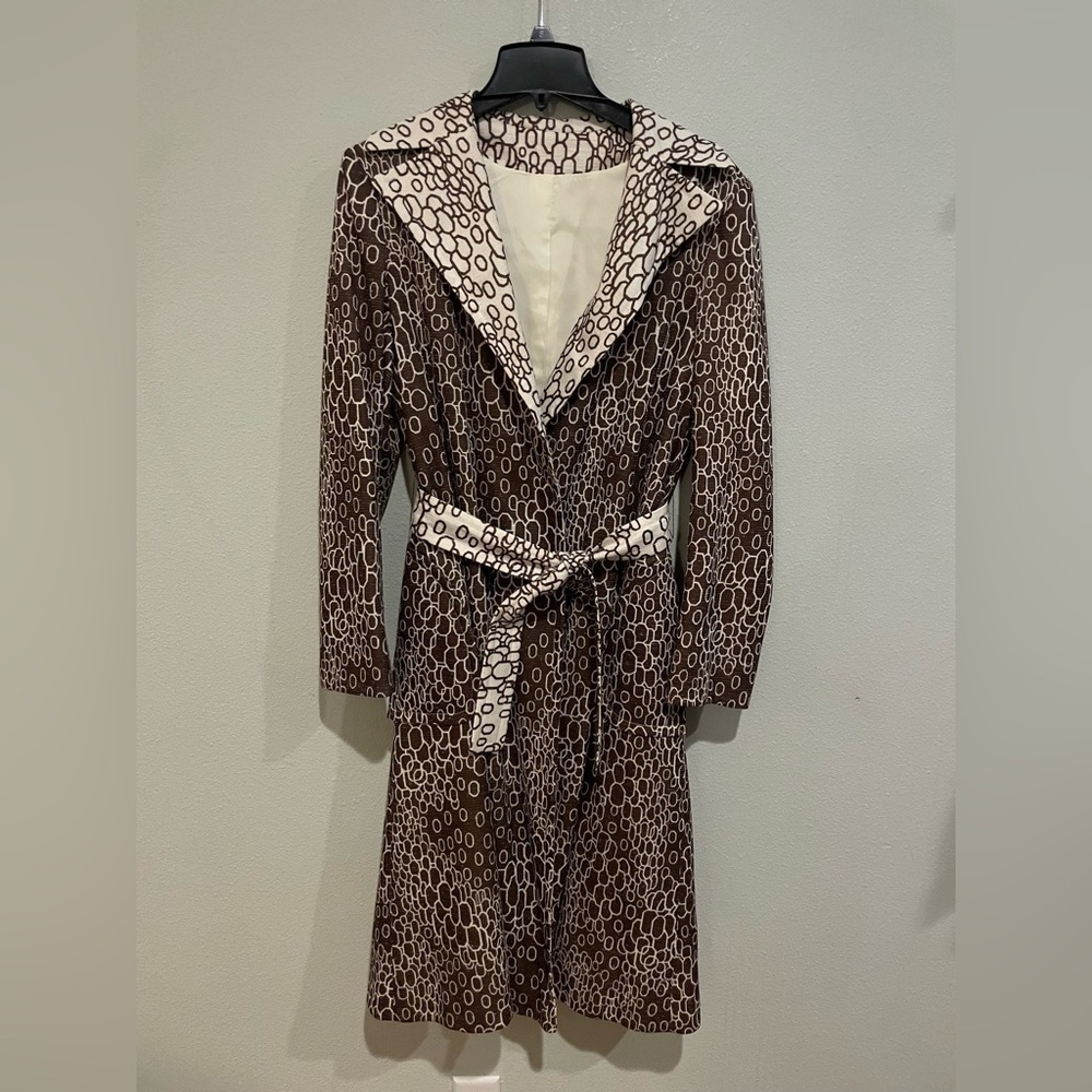 Vintage Brown and Cream Geometric Patterned Trench Coat